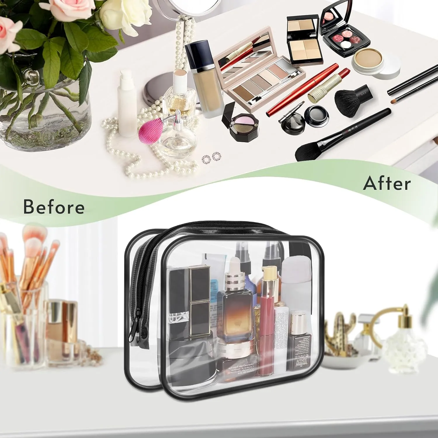 16 Pack Clear Makeup Bags Bulk, TSA Approved Toiletry Bags Travel Pouch, Waterproof PVC Plastic Small Clear Cosmetic Bags with Zipper for Organizing (Black Border)