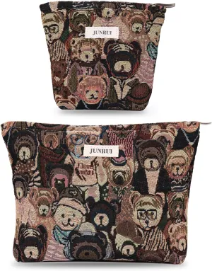 2 PCS Makeup Bag SetPortable Cosmetic Bag for Purse Large Storage CapacityTravel Pouch with Zipper for Women, (Bear Brown)
