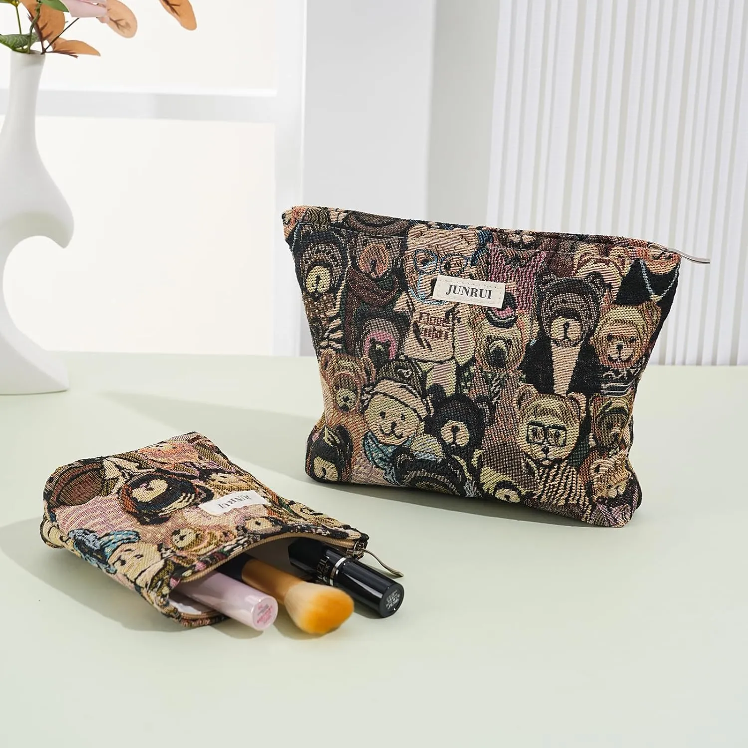 2 PCS Makeup Bag SetPortable Cosmetic Bag for Purse Large Storage CapacityTravel Pouch with Zipper for Women, (Bear Brown)