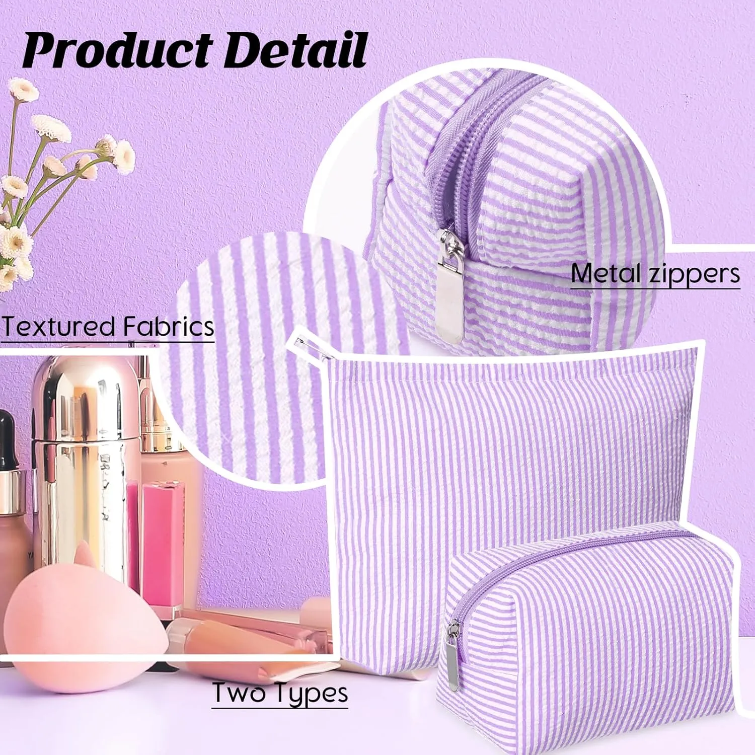 2 Pieces Makeup Bag Set Cute Cosmetic Pouch for Women Travel Toiletry Bag Preppy Small Makeup Purse Pouch Aesthetic Skincare Brushes Storage Organizer for Women(Purple)