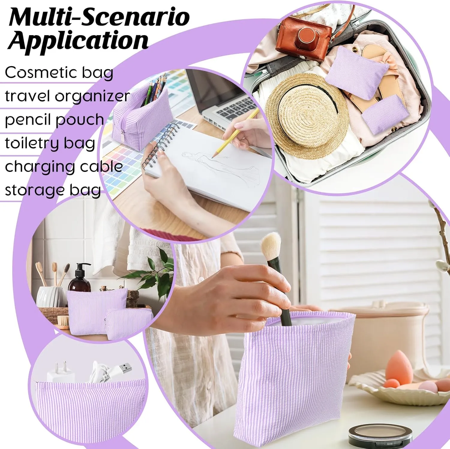 2 Pieces Makeup Bag Set Cute Cosmetic Pouch for Women Travel Toiletry Bag Preppy Small Makeup Purse Pouch Aesthetic Skincare Brushes Storage Organizer for Women(Purple)