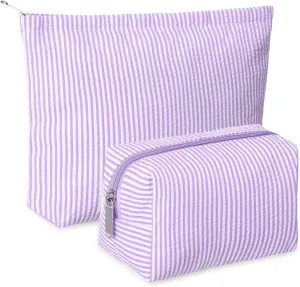 2 Pieces Makeup Bag Set Cute Cosmetic Pouch for Women Travel Toiletry Bag Preppy Small Makeup Purse Pouch Aesthetic Skincare Brushes Storage Organizer for Women(Purple)