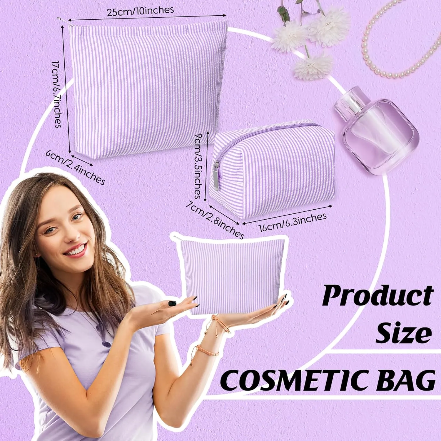 2 Pieces Makeup Bag Set Cute Cosmetic Pouch for Women Travel Toiletry Bag Preppy Small Makeup Purse Pouch Aesthetic Skincare Brushes Storage Organizer for Women(Purple)