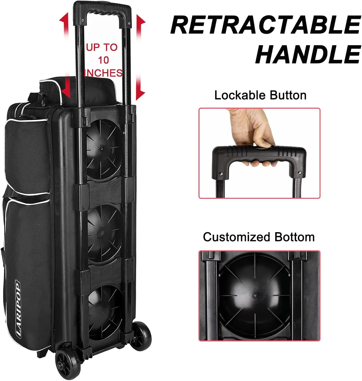 3 Bowling Ball Bag With Wheels - Rolling Bag for Balls & Accessories - Retractable Handle Extends to 38"