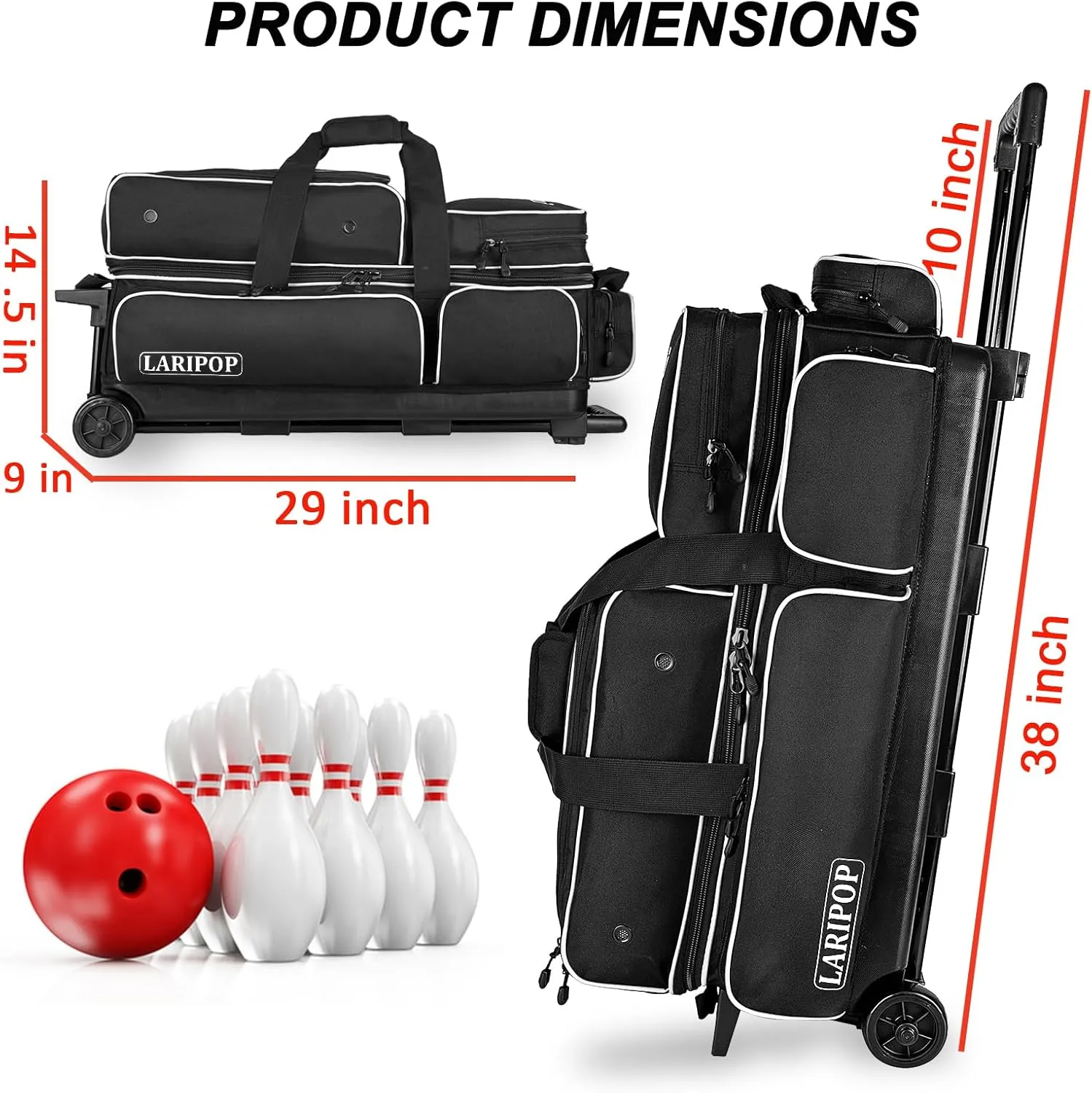 3 Bowling Ball Bag With Wheels - Rolling Bag for Balls & Accessories - Retractable Handle Extends to 38"