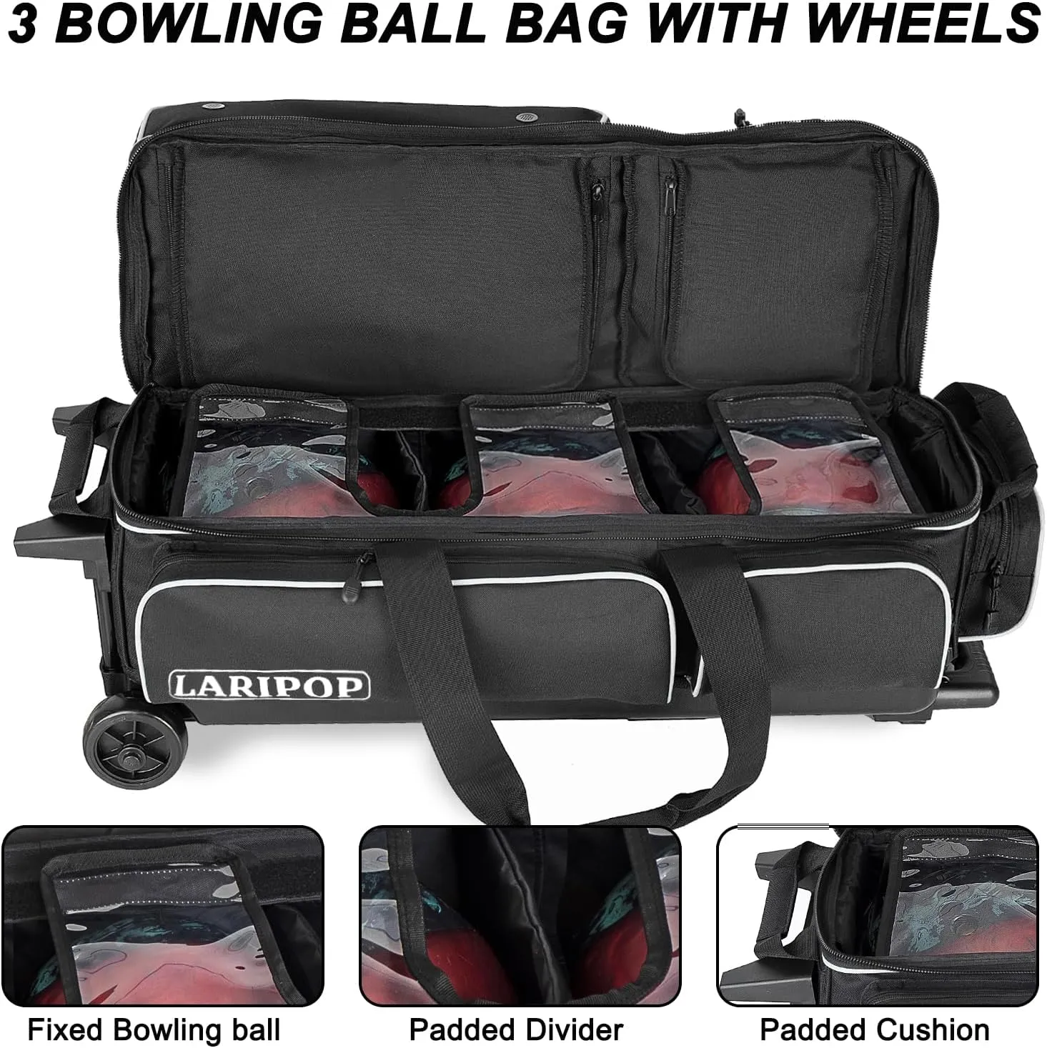 3 Bowling Ball Bag With Wheels - Rolling Bag for Balls & Accessories - Retractable Handle Extends to 38"