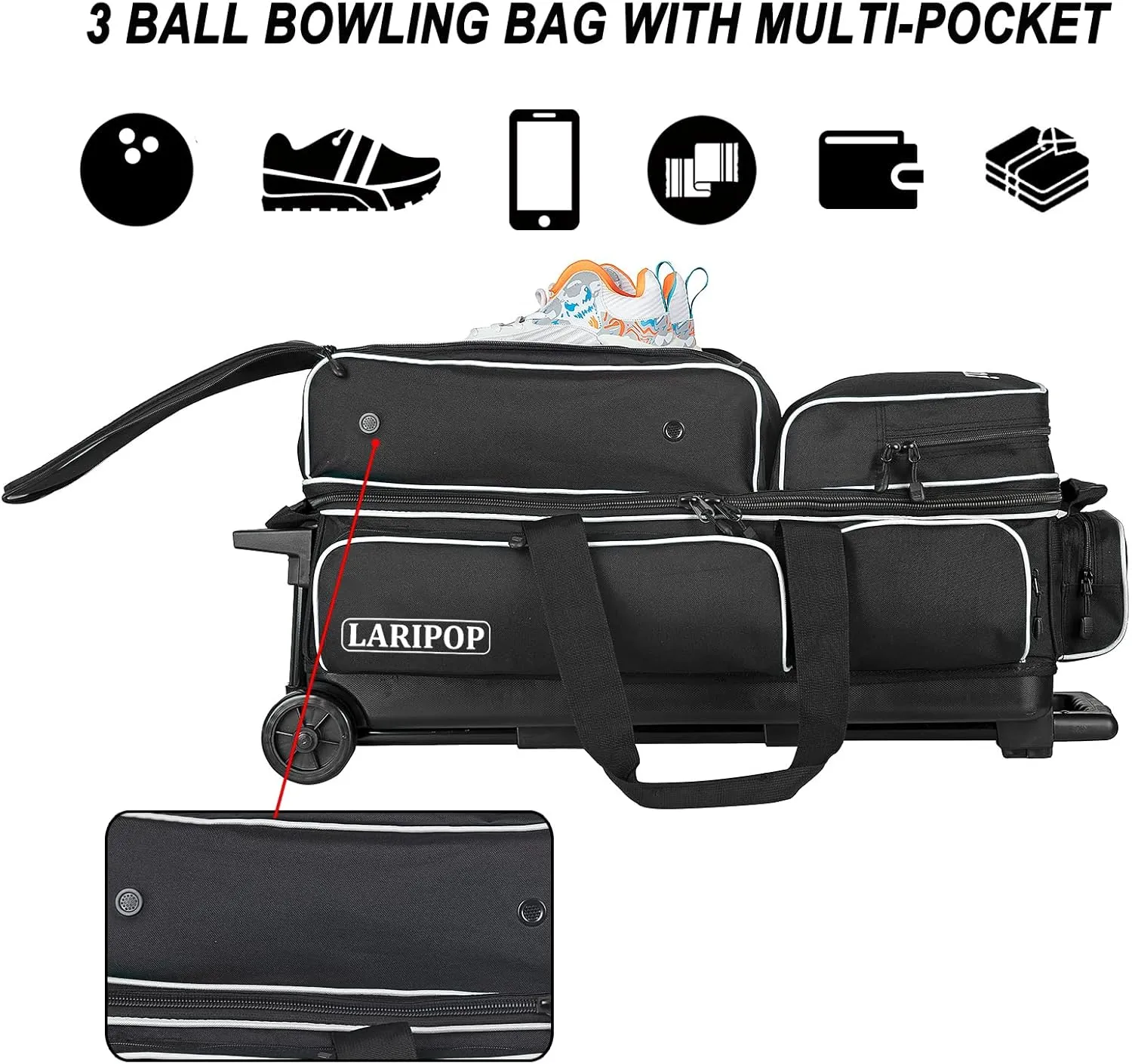 3 Bowling Ball Bag With Wheels - Rolling Bag for Balls & Accessories - Retractable Handle Extends to 38"