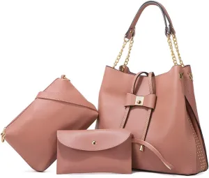 3-PC Tote Bags Faux Leather Purses and Handbags for Women Top-handle Bags Bowknot Shoulder Satchel Hobo Bags