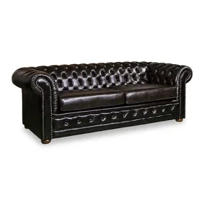 3 Seater Genuine Brown Leather Upholstery Button Studding Sofa Lounge