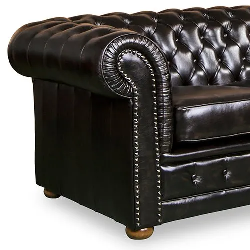 3 Seater Genuine Brown Leather Upholstery Button Studding Sofa Lounge