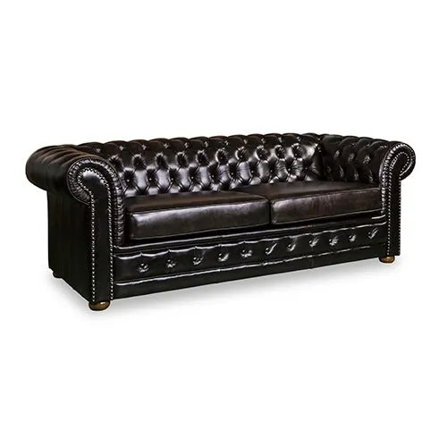 3 Seater Genuine Brown Leather Upholstery Button Studding Sofa Lounge