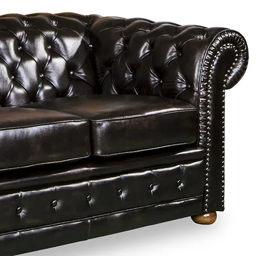3 Seater Genuine Brown Leather Upholstery Button Studding Sofa Lounge