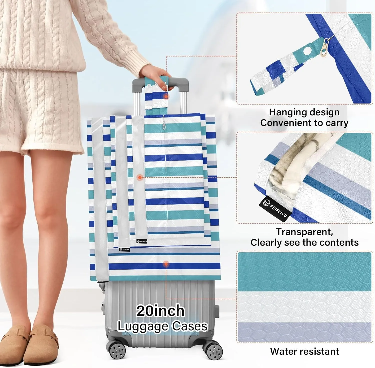 3 Set Travel Packing Cubes For Suitcases, Stripe Blue, Stackable, Garment Bag Closet Storage, Luggage Space Saver, Luggages Management Personnel
