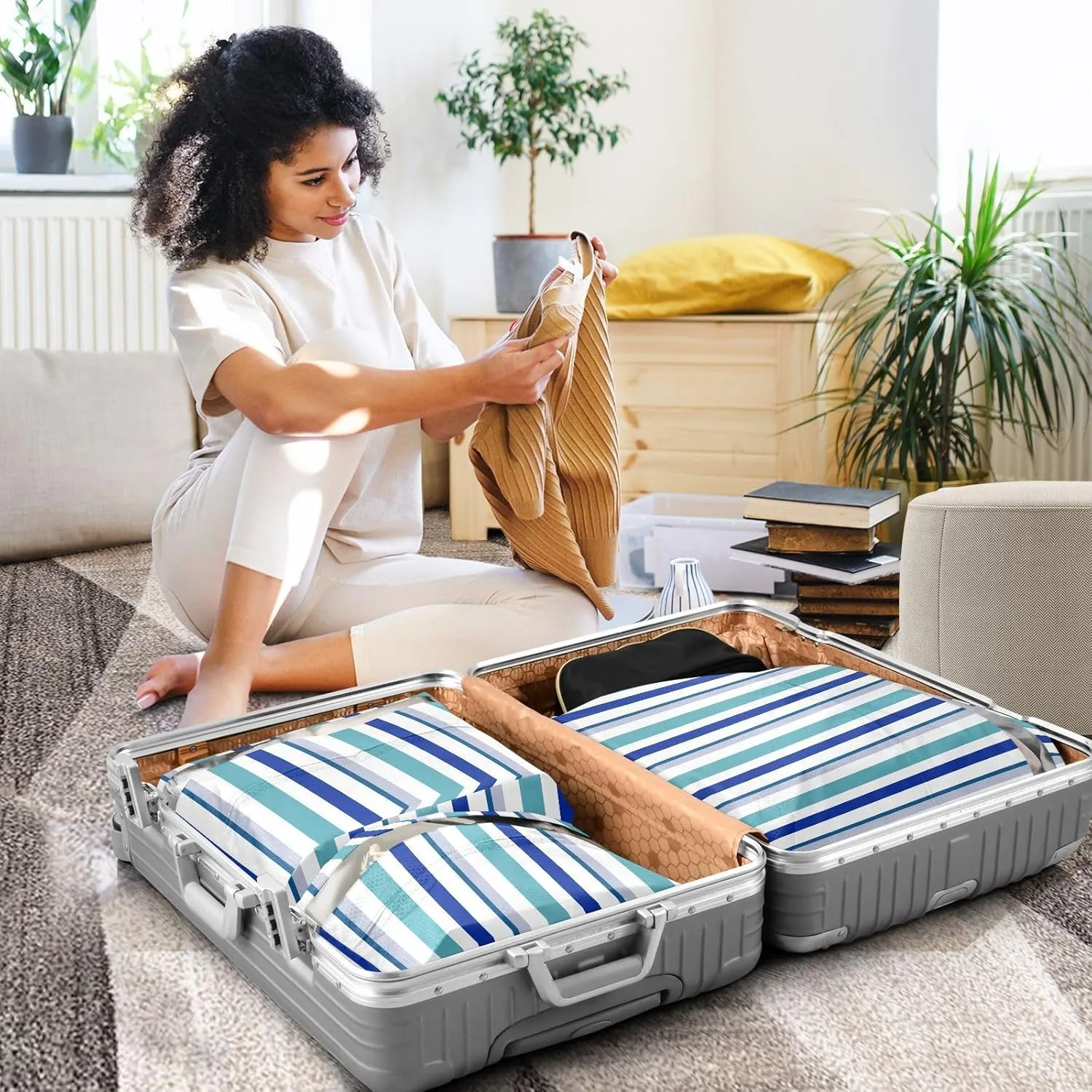 3 Set Travel Packing Cubes For Suitcases, Stripe Blue, Stackable, Garment Bag Closet Storage, Luggage Space Saver, Luggages Management Personnel