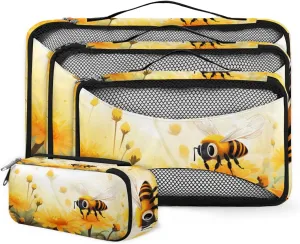 4 Set Packing Cubes for Suitcases, Travel Essentials for Carry on Luggage, Abstract Bee Suitcase Organizers for Clothes Shoes Toiletries Travel Accessories in 4 Sizes - Flowers Bee