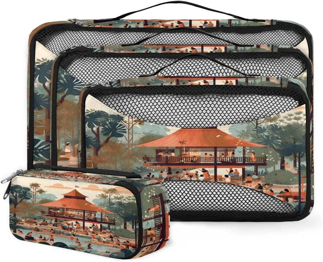 4 Set Packing Cubes for Suitcases, Travel Essentials for Carry on Luggage, Abstract City Suitcase Organizers for Clothes Shoes Toiletries Travel Accessories in 4 Sizes - Graffiti City