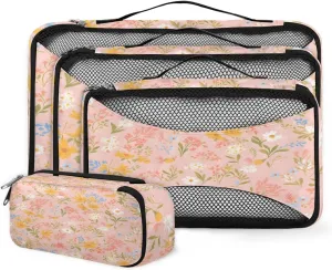 4 Set Packing Cubes for Suitcases, Travel Essentials for Carry on Luggage, Abstract Flowers Suitcase Organizers for Clothes Shoes Toiletries Travel Accessories in 4 Sizes - Modern Flowers