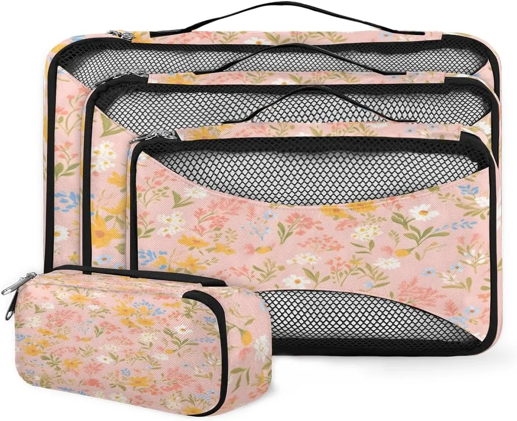 4 Set Packing Cubes for Suitcases, Travel Essentials for Carry on Luggage, Abstract Flowers Suitcase Organizers for Clothes Shoes Toiletries Travel Accessories in 4 Sizes - Modern Flowers