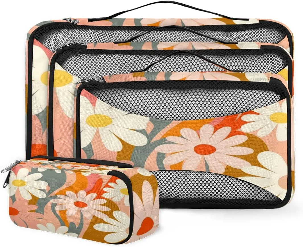 4 Set Packing Cubes for Suitcases, Travel Essentials for Carry on Luggage, Abstract Flowers Suitcase Organizers for Clothes Shoes Toiletries Travel Accessories in 4 Sizes - Romantic Flowers