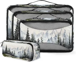 4 Set Packing Cubes for Suitcases, Travel Essentials for Carry on Luggage, Abstract Forest Suitcase Organizers for Clothes Shoes Toiletries Travel Accessories in 4 Sizes - Watercolor Forest