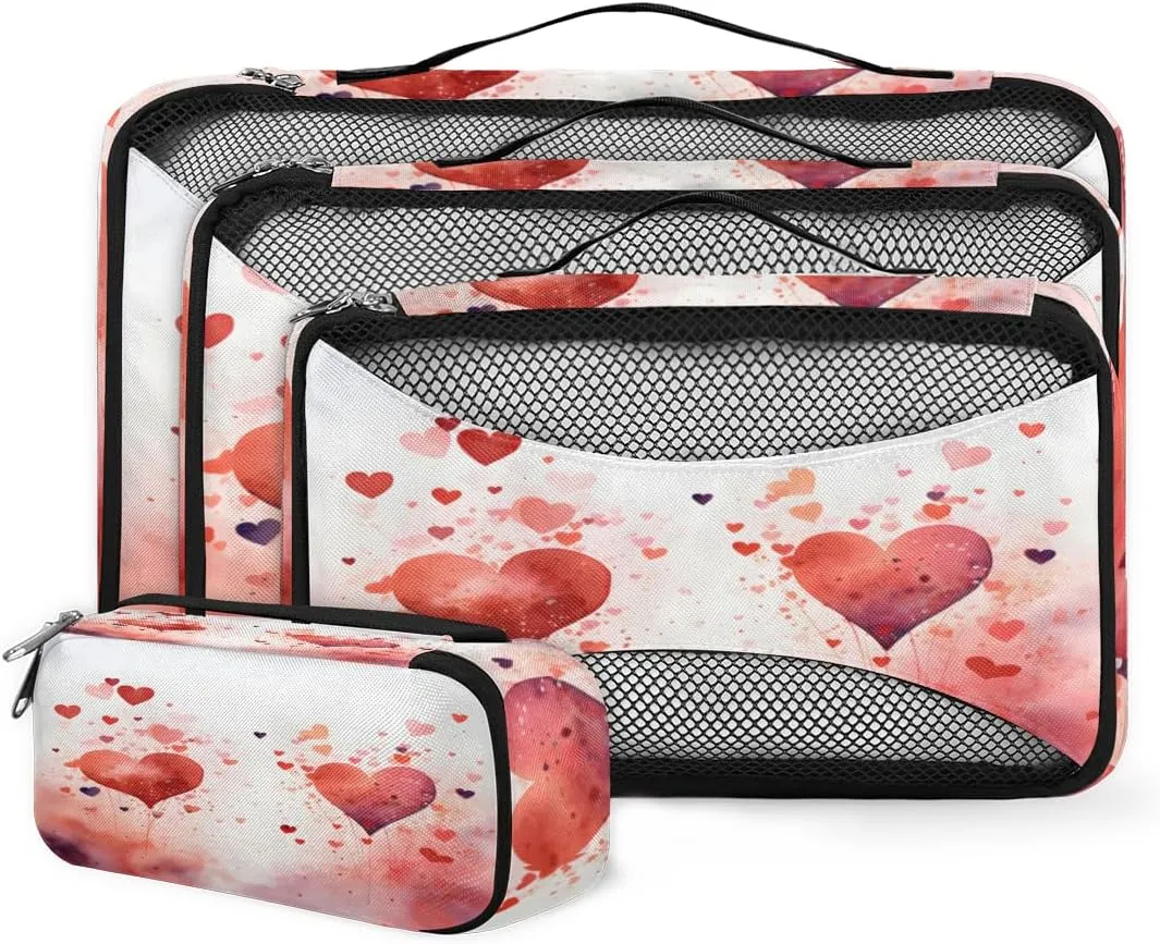 4 Set Packing Cubes for Suitcases, Travel Essentials for Carry on Luggage, Abstract Heart Suitcase Organizers for Clothes Shoes Toiletries Travel Accessories in 4 Sizes - Dreamy Heart