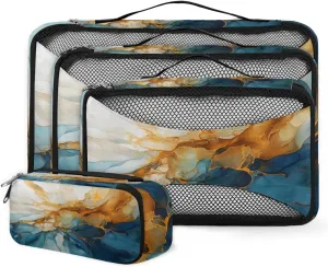 4 Set Packing Cubes for Suitcases, Travel Essentials for Carry on Luggage, Abstract Marble Suitcase Organizers for Clothes Shoes Toiletries Travel Accessories in 4 Sizes - Indigo Blue Marble