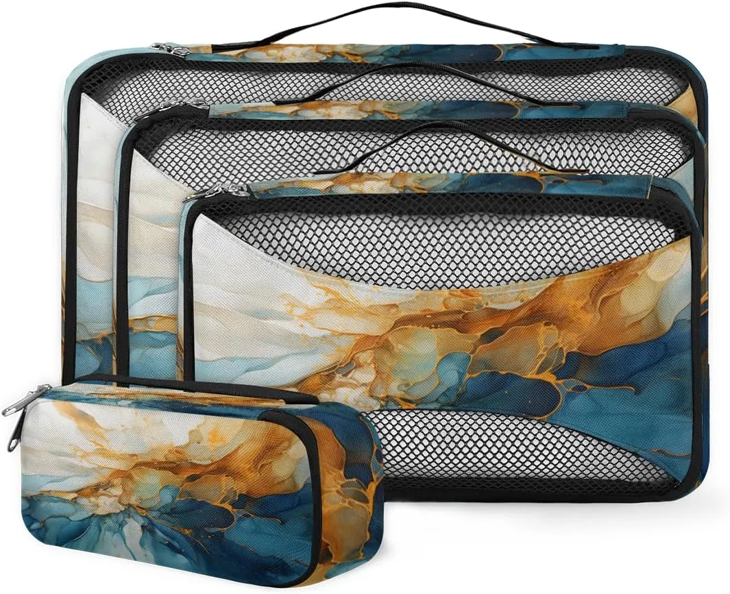 4 Set Packing Cubes for Suitcases, Travel Essentials for Carry on Luggage, Abstract Marble Suitcase Organizers for Clothes Shoes Toiletries Travel Accessories in 4 Sizes - Indigo Blue Marble