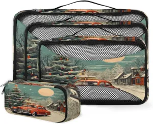 4 Set Packing Cubes for Suitcases, Travel Essentials for Carry on Luggage, Abstract Truck Suitcase Organizers for Clothes Shoes Toiletries Travel Accessories in 4 Sizes - Christmas Truck