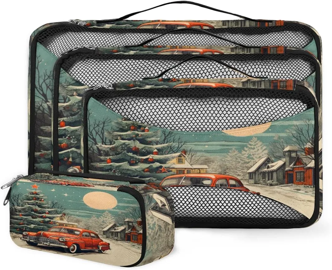 4 Set Packing Cubes for Suitcases, Travel Essentials for Carry on Luggage, Abstract Truck Suitcase Organizers for Clothes Shoes Toiletries Travel Accessories in 4 Sizes - Christmas Truck