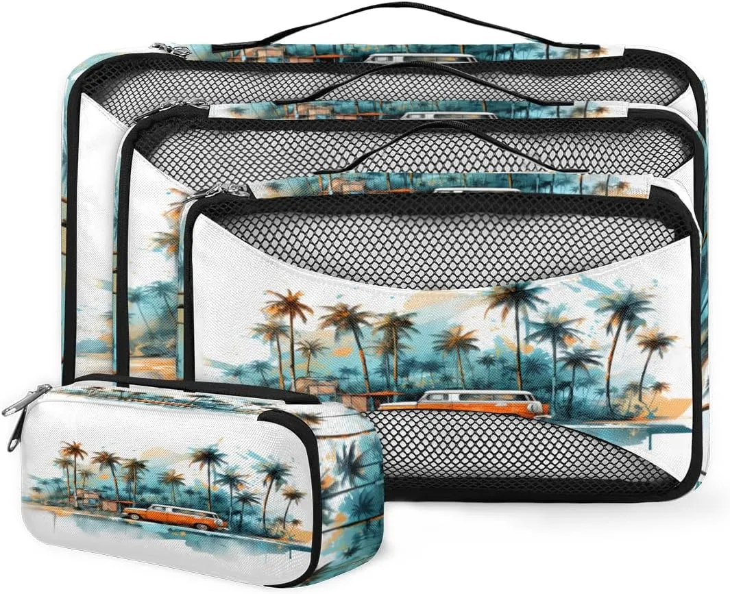 4 Set Packing Cubes for Suitcases, Travel Essentials for Carry on Luggage, Abstract Truck Suitcase Organizers for Clothes Shoes Toiletries Travel Accessories in 4 Sizes - Graffiti Truck