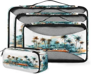 4 Set Packing Cubes for Suitcases, Travel Essentials for Carry on Luggage, Abstract Truck Suitcase Organizers for Clothes Shoes Toiletries Travel Accessories in 4 Sizes - Graffiti Truck