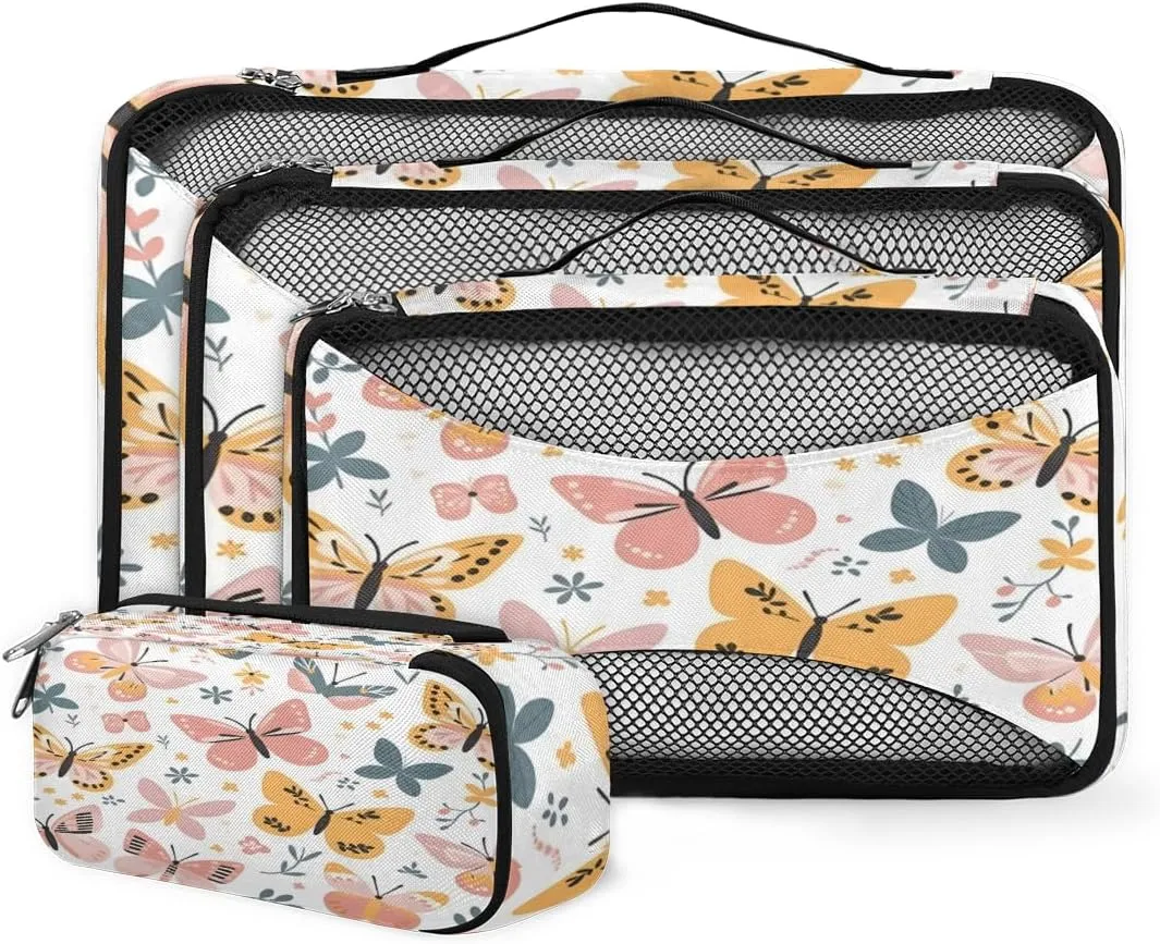 4 Set Packing Cubes for Suitcases, Travel Essentials for Carry on Luggage, Artistic Butterfly Suitcase Organizers for Clothes Shoes Toiletries Travel Accessories in 4 Sizes - Dreamy Butterfly