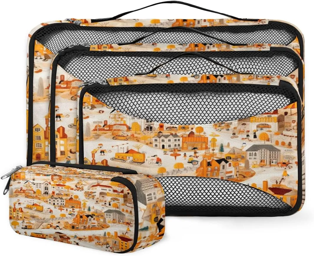 4 Set Packing Cubes for Suitcases, Travel Essentials for Carry on Luggage, Artistic City Suitcase Organizers for Clothes Shoes Toiletries Travel Accessories in 4 Sizes - Graffiti City
