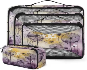 4 Set Packing Cubes for Suitcases, Travel Essentials for Carry on Luggage, Artistic Dandelion Suitcase Organizers for Clothes Shoes Toiletries Travel Accessories in 4 Sizes - Watercolor Dandelion