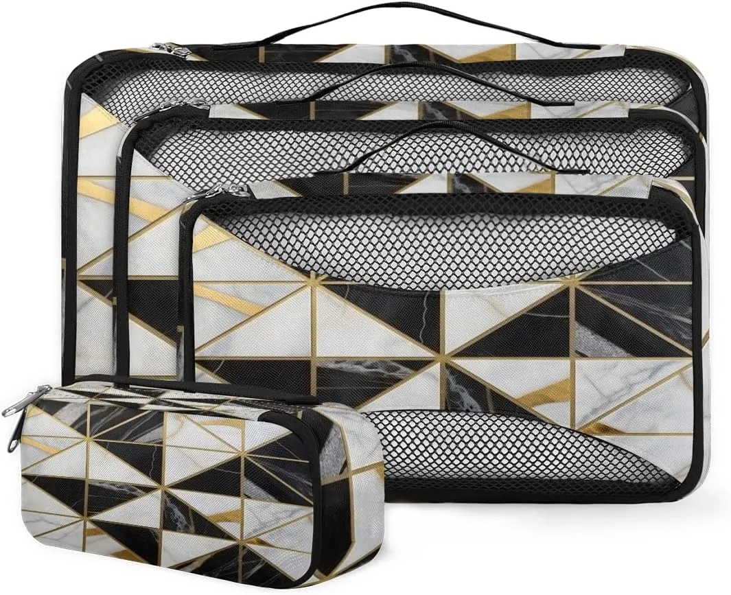 4 Set Packing Cubes for Suitcases, Travel Essentials for Carry on Luggage, Artistic Marble Suitcase Organizers for Clothes Shoes Toiletries Travel Accessories in 4 Sizes - Black Gold Marble