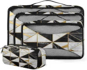 4 Set Packing Cubes for Suitcases, Travel Essentials for Carry on Luggage, Artistic Marble Suitcase Organizers for Clothes Shoes Toiletries Travel Accessories in 4 Sizes - Black Gold Marble