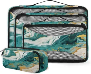 4 Set Packing Cubes for Suitcases, Travel Essentials for Carry on Luggage, Artistic Marble Suitcase Organizers for Clothes Shoes Toiletries Travel Accessories in 4 Sizes - Indigo Blue Marble