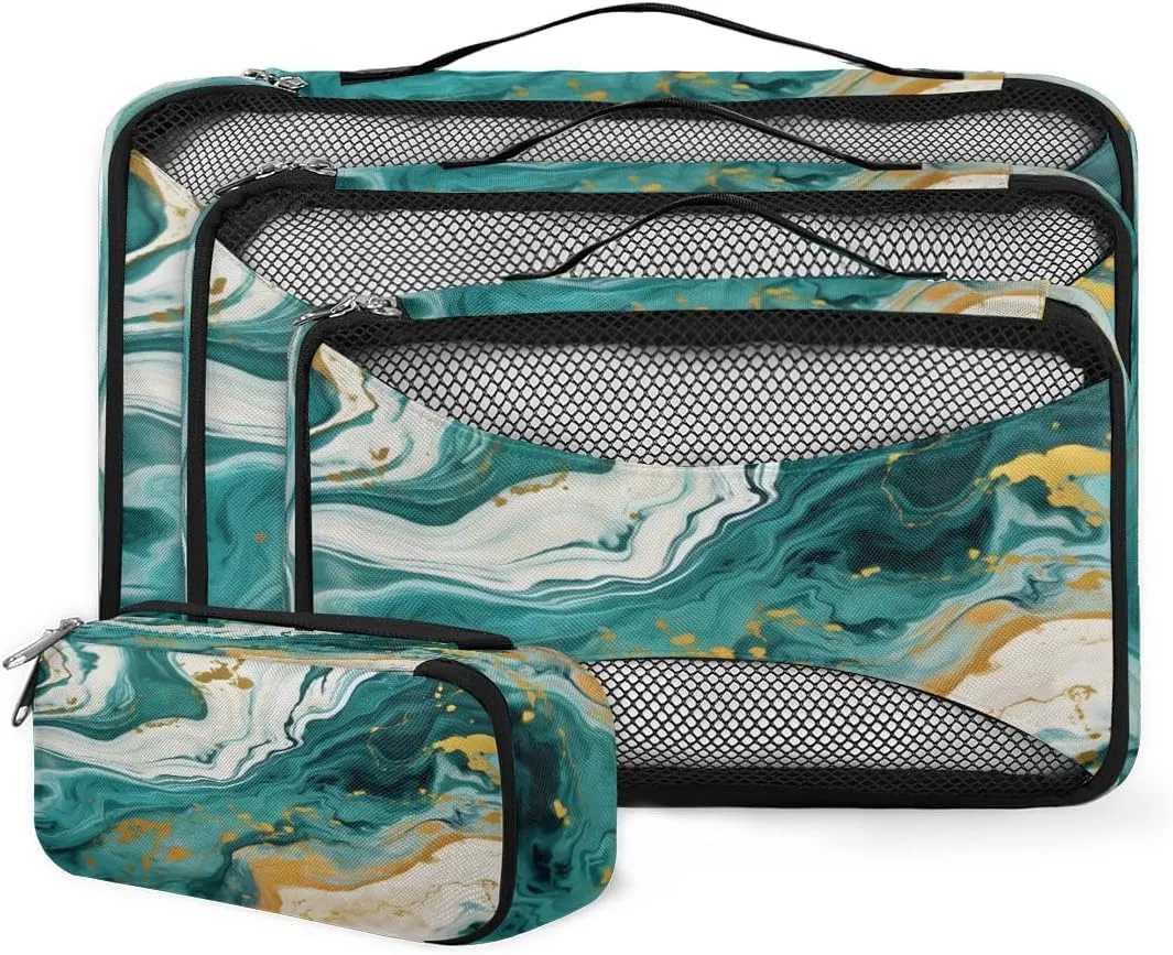 4 Set Packing Cubes for Suitcases, Travel Essentials for Carry on Luggage, Artistic Marble Suitcase Organizers for Clothes Shoes Toiletries Travel Accessories in 4 Sizes - Indigo Blue Marble