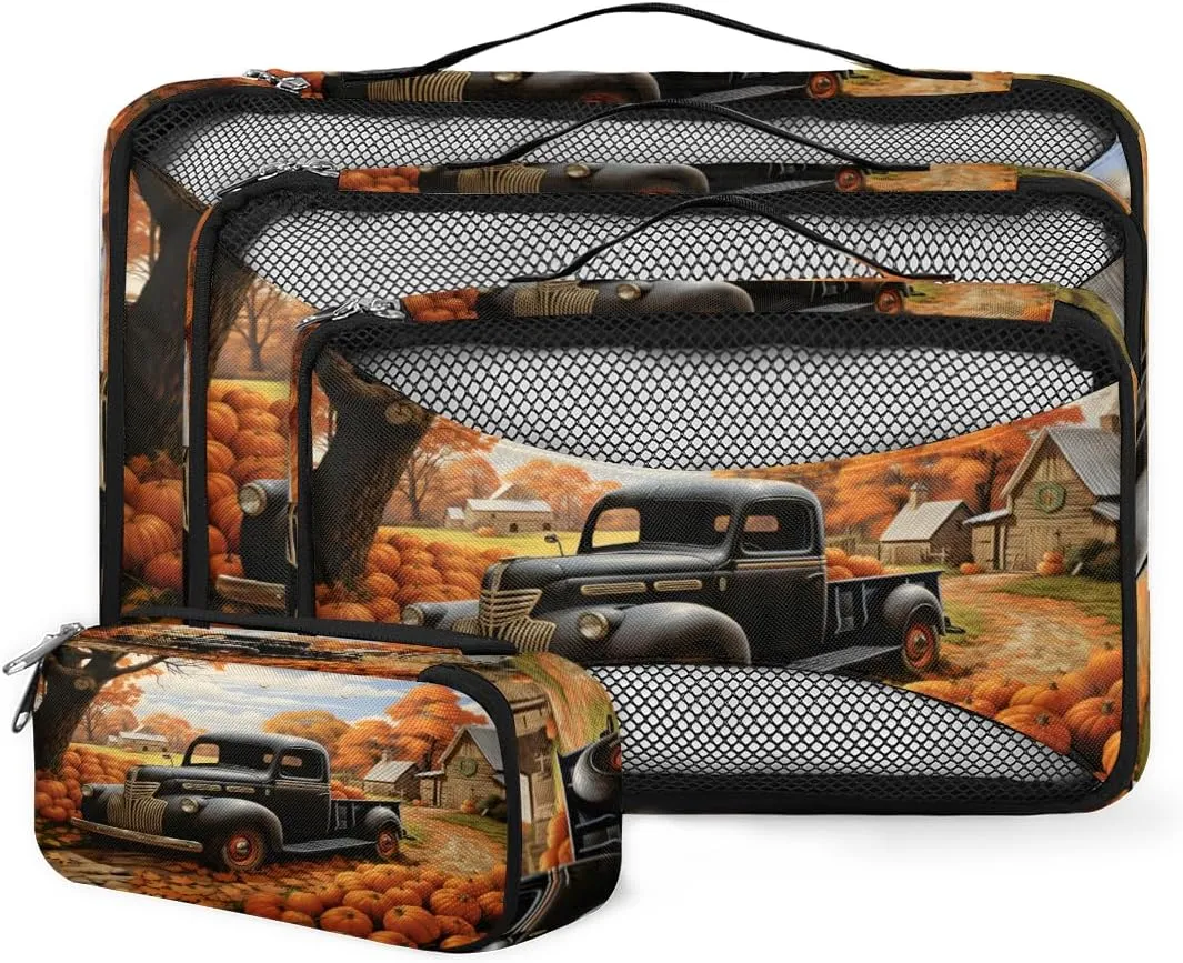 4 Set Packing Cubes for Suitcases, Travel Essentials for Carry on Luggage, Artistic Truck Suitcase Organizers for Clothes Shoes Toiletries Travel Accessories in 4 Sizes - Autumn Truck