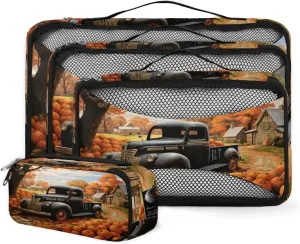 4 Set Packing Cubes for Suitcases, Travel Essentials for Carry on Luggage, Artistic Truck Suitcase Organizers for Clothes Shoes Toiletries Travel Accessories in 4 Sizes - Autumn Truck