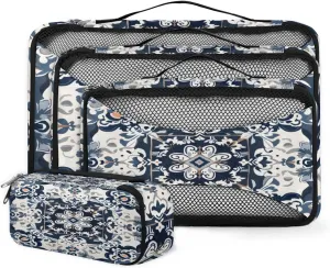 4 Set Packing Cubes for Suitcases, Travel Essentials for Carry on Luggage, Aztec Floral Suitcase Organizers for Clothes Shoes Toiletries Travel Accessories in 4 Sizes - Botanic Flower