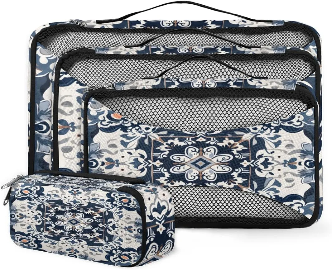 4 Set Packing Cubes for Suitcases, Travel Essentials for Carry on Luggage, Aztec Floral Suitcase Organizers for Clothes Shoes Toiletries Travel Accessories in 4 Sizes - Botanic Flower