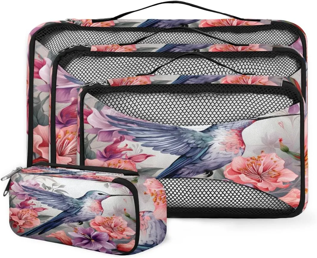 4 Set Packing Cubes for Suitcases, Travel Essentials for Carry on Luggage, Beautiful Bird Suitcase Organizers for Clothes Shoes Toiletries Travel Accessories in 4 Sizes - Cartoon Bird