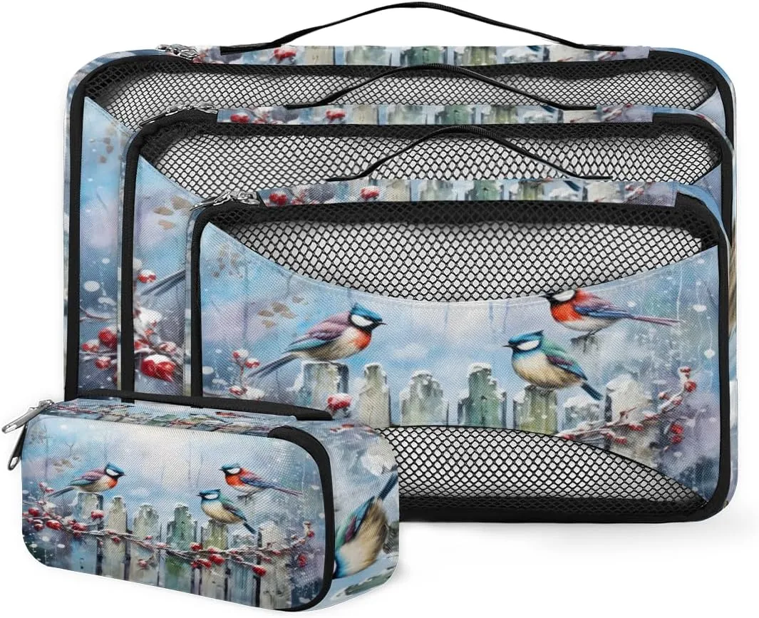 4 Set Packing Cubes for Suitcases, Travel Essentials for Carry on Luggage, Beautiful Bird Suitcase Organizers for Clothes Shoes Toiletries Travel Accessories in 4 Sizes - Holly Fruit