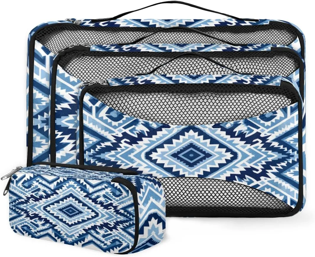 4 Set Packing Cubes for Suitcases, Travel Essentials for Carry on Luggage, Blue Stripe Suitcase Organizers for Clothes Shoes Toiletries Travel Accessories in 4 Sizes - Boho Aztec