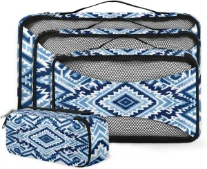 4 Set Packing Cubes for Suitcases, Travel Essentials for Carry on Luggage, Blue Stripe Suitcase Organizers for Clothes Shoes Toiletries Travel Accessories in 4 Sizes - Boho Aztec