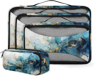 4 Set Packing Cubes for Suitcases, Travel Essentials for Carry on Luggage, Bright Marble Suitcase Organizers for Clothes Shoes Toiletries Travel Accessories in 4 Sizes - Blue Gold Marble