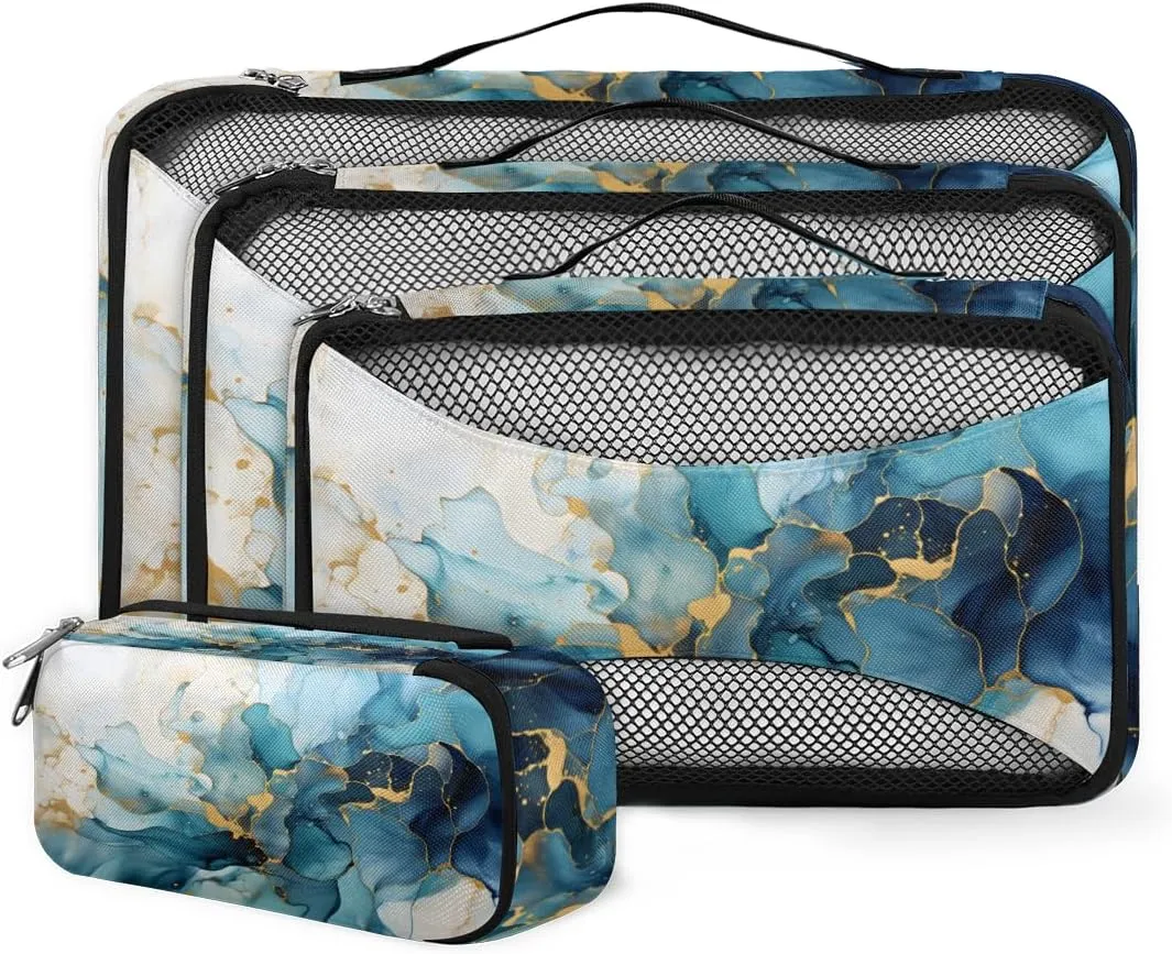 4 Set Packing Cubes for Suitcases, Travel Essentials for Carry on Luggage, Bright Marble Suitcase Organizers for Clothes Shoes Toiletries Travel Accessories in 4 Sizes - Blue Gold Marble
