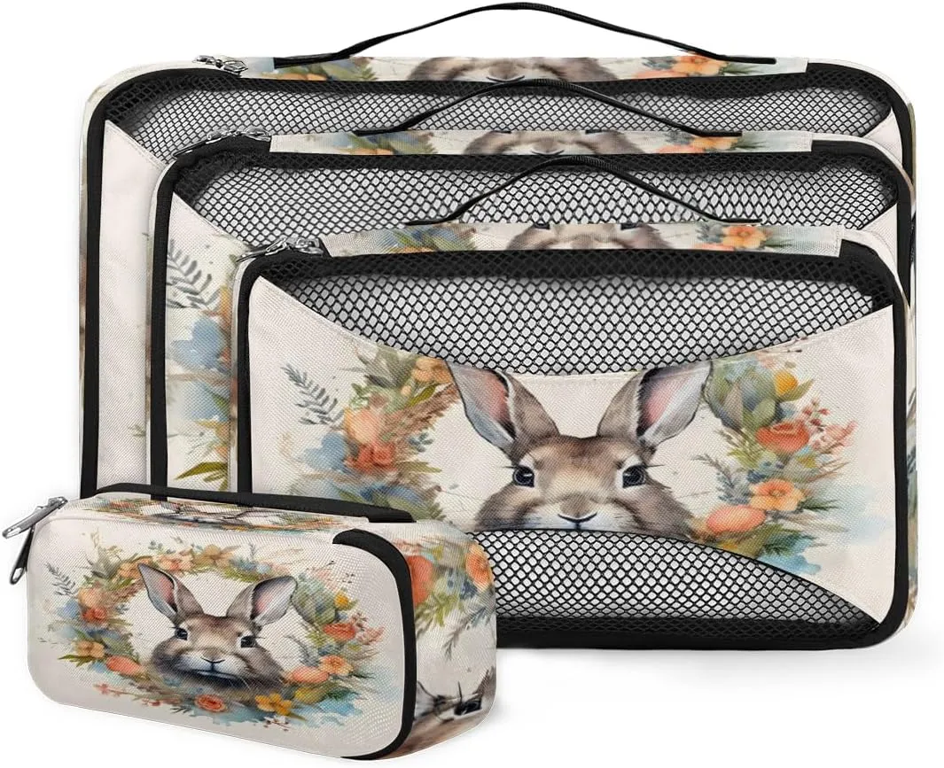 4 Set Packing Cubes for Suitcases, Travel Essentials for Carry on Luggage, Cartoon Rabbit Suitcase Organizers for Clothes Shoes Toiletries Travel Accessories in 4 Sizes - Flowers Bunny