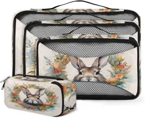 4 Set Packing Cubes for Suitcases, Travel Essentials for Carry on Luggage, Cartoon Rabbit Suitcase Organizers for Clothes Shoes Toiletries Travel Accessories in 4 Sizes - Flowers Bunny